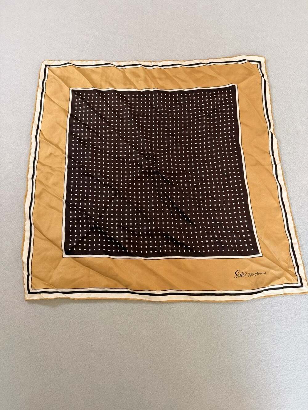 Saks Fifth Avenue Vintage Square Silk Scarf in Brown and Tan Polka Dot